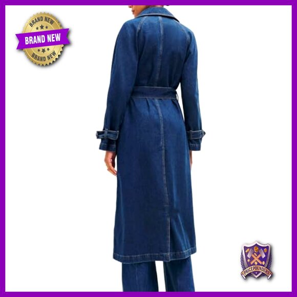 Denim Trench Coat Double Breasted Midi Overcoat Classic Lapel Long Jacket With - Picture 2 of 7